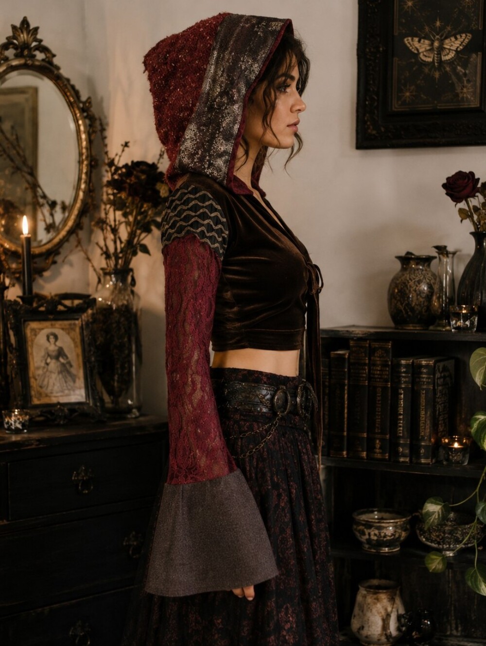 Brown Hooded Tie Front Top Cropped Lace Velvet Whimsigoth Woodland Fairy Sz SP
